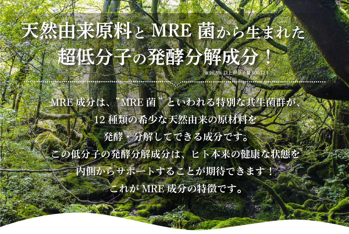 天然由来原料とMRE菌から生まれた超低分子（※）の発酵分解成分！※96.5％以上が分子量500以下