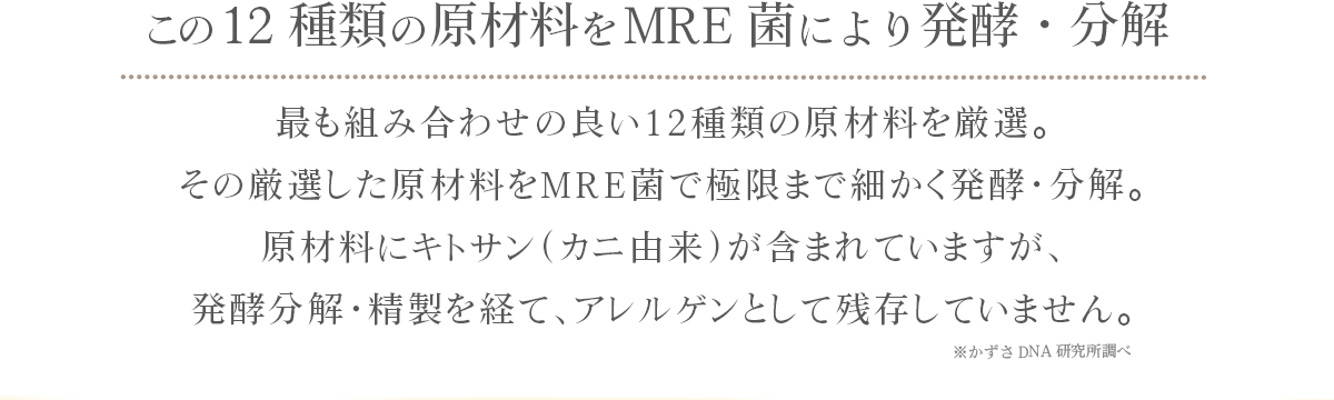 この12種類の原材料をMRE菌により発酵・分解