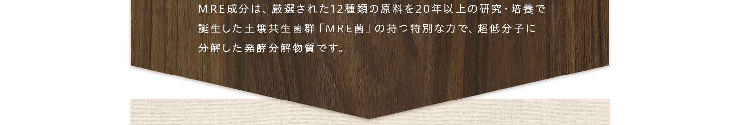 MRE成分は、厳選された12種類の原料を20年以上の研究・培養で誕生した土壌共生菌群「MRE菌」の持つ特別な力で、超低分子に分解した発酵分解物質です。