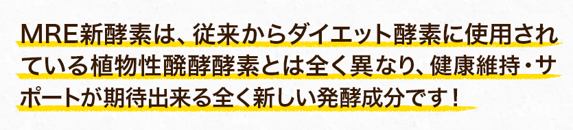 MRE新酵素は、従来からダイエット酵素に使用されている植物性醗酵酵素とは全く異なり、健康維持・サポートが期待出来る全く新しい発酵成分です！