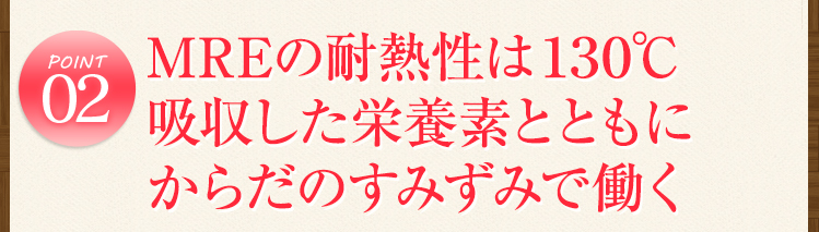 ポイント2　MREの耐熱性は130℃ 吸収した栄養素とともにからだのすみずみで働く