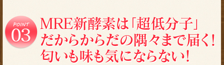 ポイント3　MRE新酵素は「超低分子」 だからからだの隅々まで届く！ 匂いも味も気にならない！