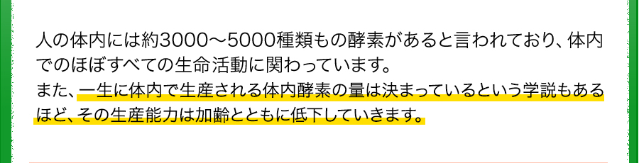 人の体内には約3000～5000種類もの酵素があると言われており、体内でのほぼすべての生命活動に関わっています。